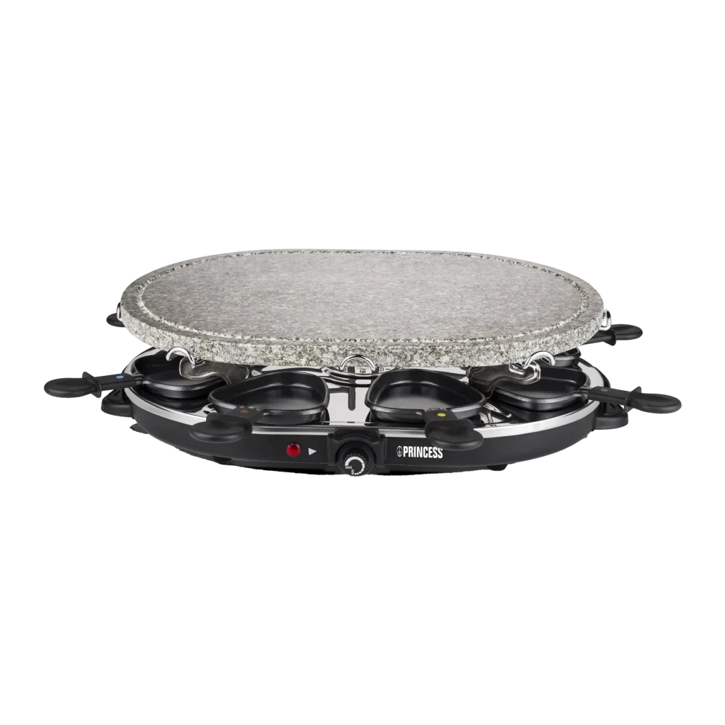 Princess Oval Stone Grill & Raclette Party 1200W 8 personas Negro 162720, detalle lateral: piedra oval, 8 sartenes y mando