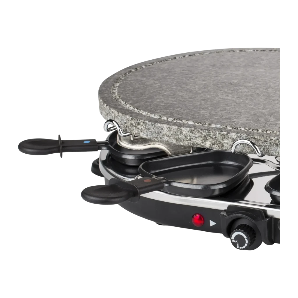 Princess Oval Stone Grill & Raclette Party 1200W 8 personas Negro 162720, detalle: piedra oval, cazuelitas y mando regulador