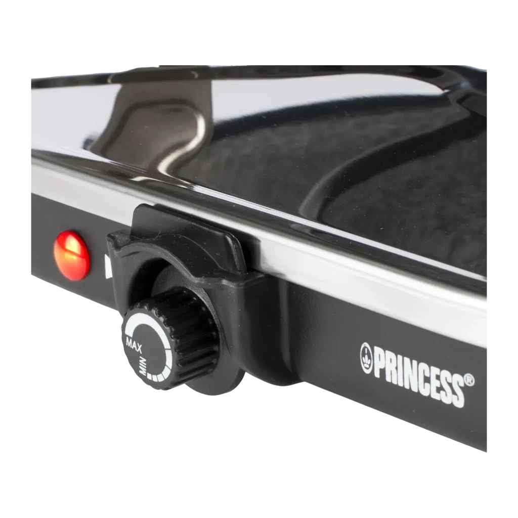 Princess Oval Stone Grill & Raclette Party 1200W 8 personas Negro 162720, detalle: mando MIN-MAX, piloto rojo y logo Princess