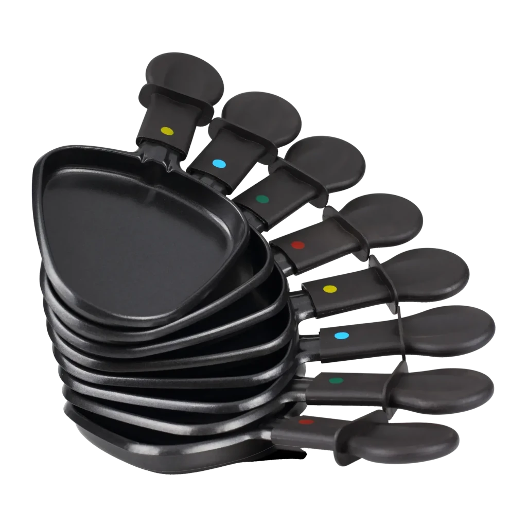 Princess Oval Stone Grill & Raclette Party 1200W 8 personas Negro 162720, detalle: 8 sartenes apiladas con mangos de colores