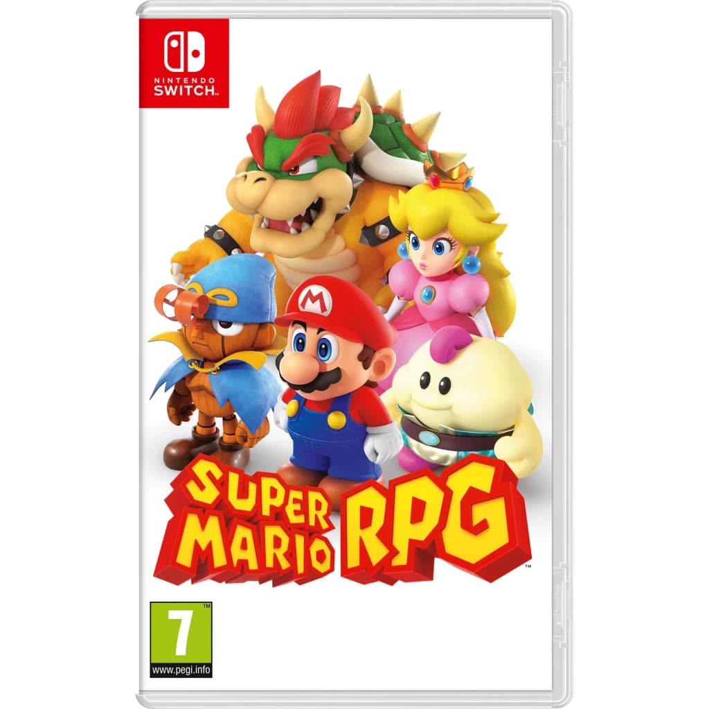Jogo da Nintendo «Super Mario RPG» para a Switch, vista frontal: capa com Mario, Bowser, Peach, Mallow e Geno, classificação