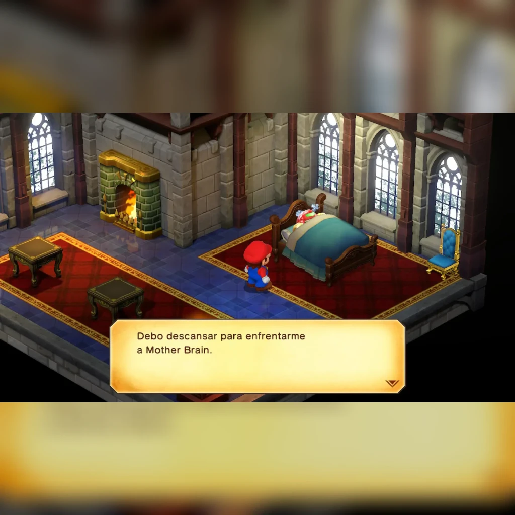 Jogo da Nintendo «Super Mario RPG» para a Switch, em uso: Mario em quarto com lareira e caixa de diálogo