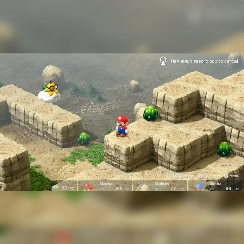 Jogo da Nintendo «Super Mario RPG» para a Switch, em uso: Mario explora mapa isométrico rochoso com Mallow, Geno e aviso