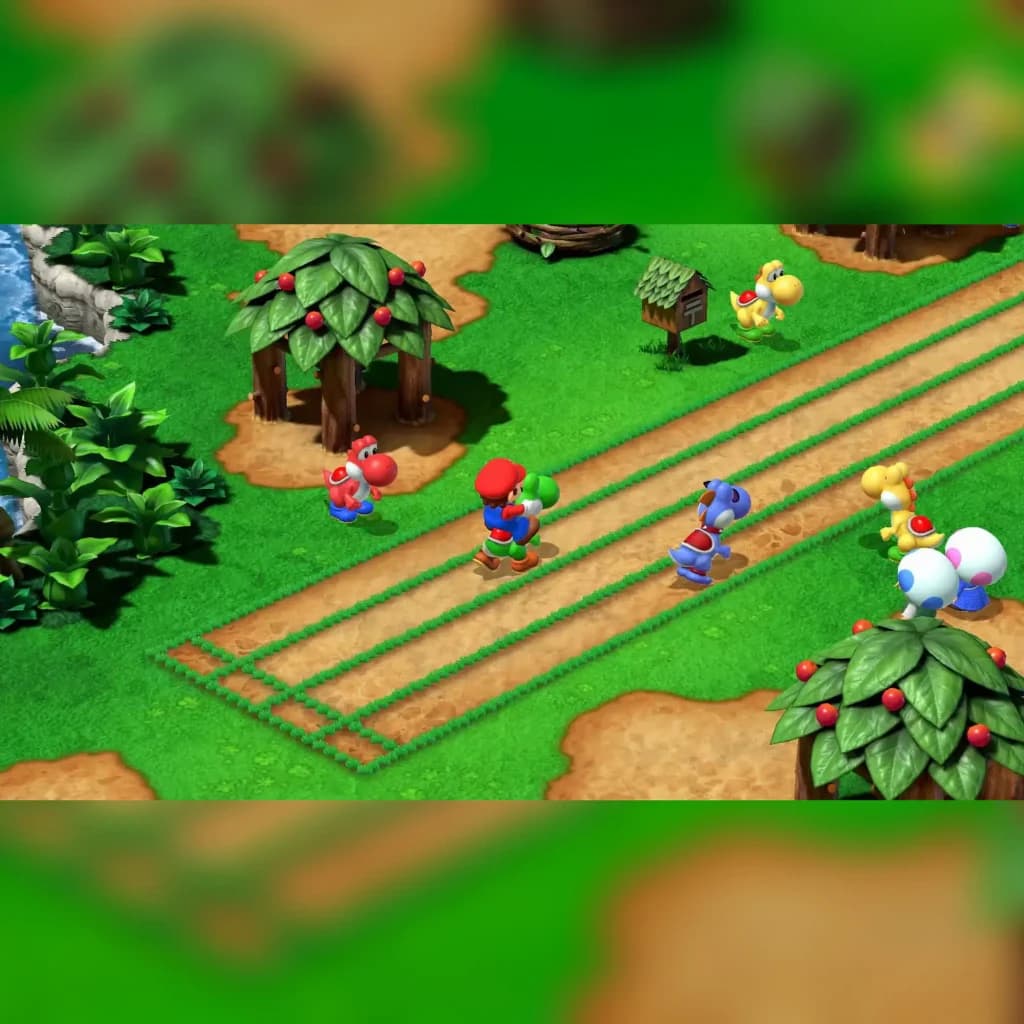 Jogo da Nintendo «Super Mario RPG» para a Switch, em uso: Mario e Yoshis coloridos em mapa isométrico com árvores e caminhos