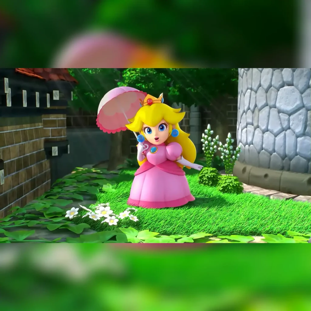 Jogo da Nintendo «Super Mario RPG» para a Switch, em uso: Princesa Peach com sombrinha rosa em cenário 3D verde