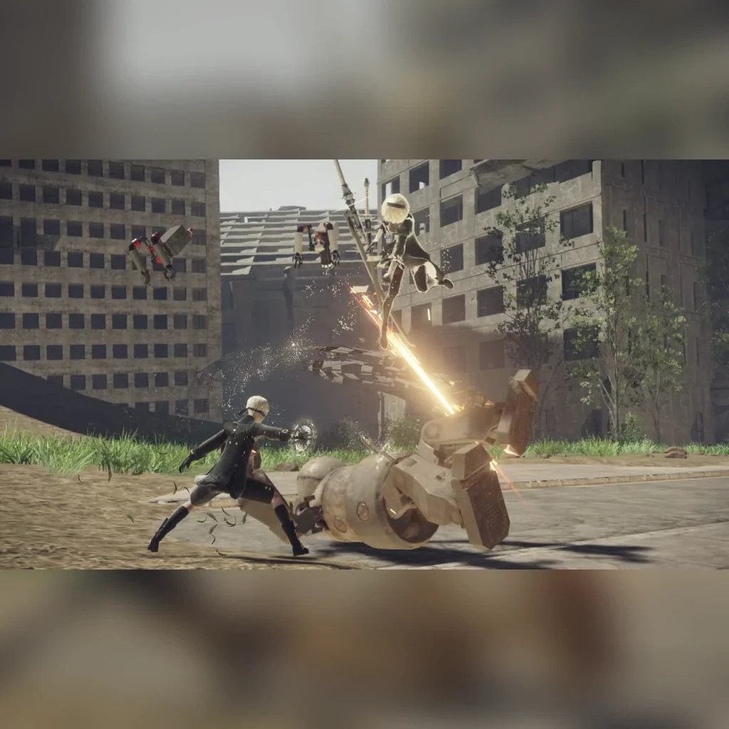 Videojuego Square Enix NieR:Automata The End of YoRHa Edition Nintendo Switch, en uso: 9S y 2B combaten máquinas en ciudad