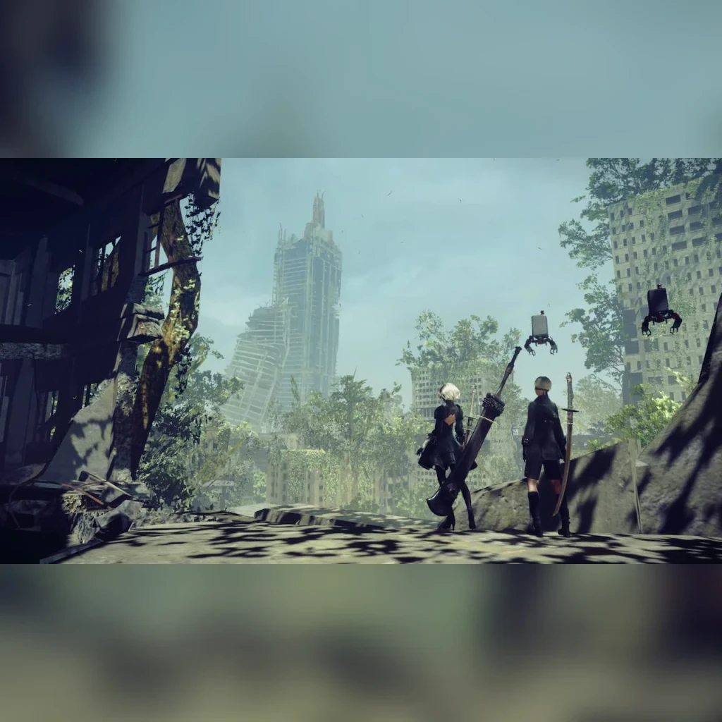 Videojuego Square Enix NieR:Automata The End of YoRHa Edition Nintendo Switch, en uso: 2B y 9S ante ciudad en ruinas