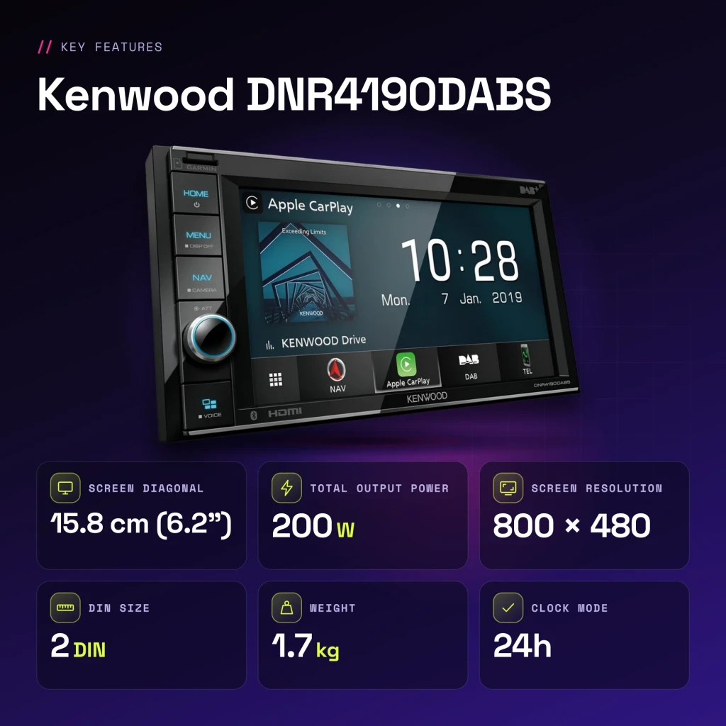Auto-rádio Kenwood Preto CarPlay 6.2 polegadas DNR4190DABS - características