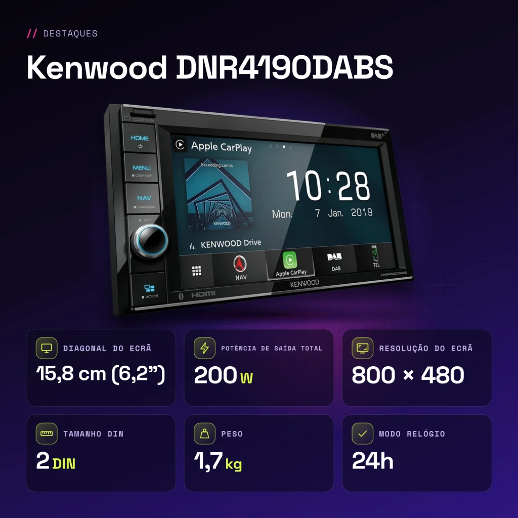 Auto-rádio Kenwood Preto CarPlay 6.2 polegadas DNR4190DABS - características