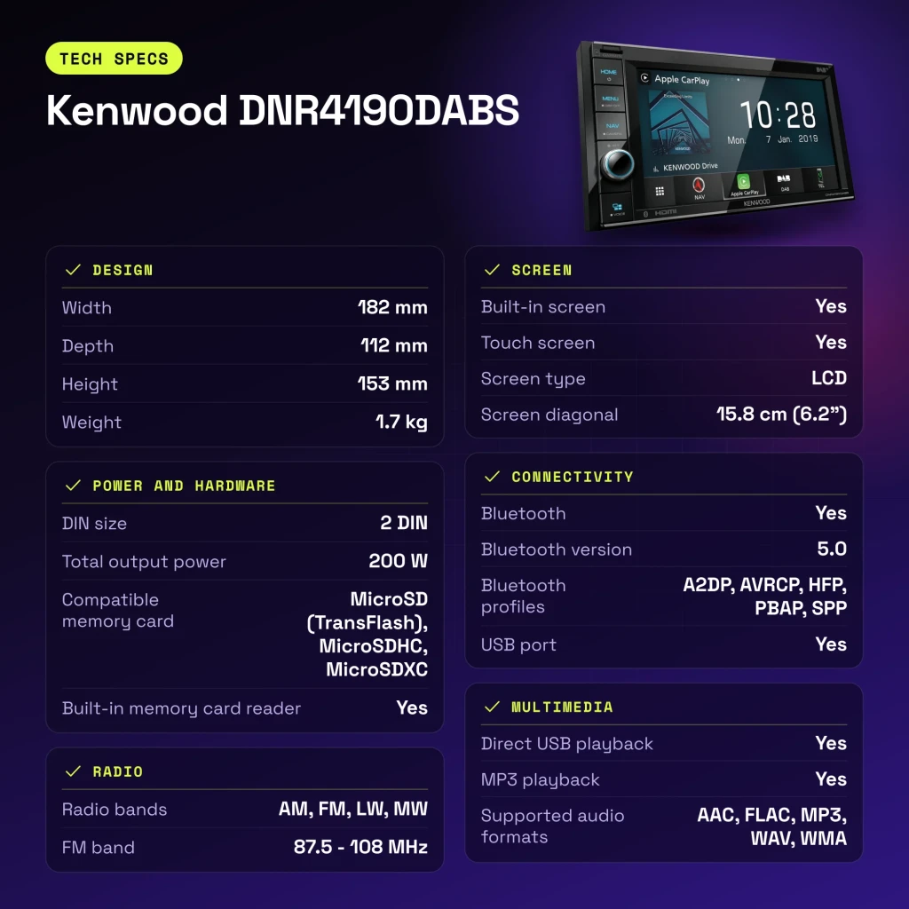 Auto-rádio Kenwood Preto CarPlay 6.2 polegadas DNR4190DABS - características