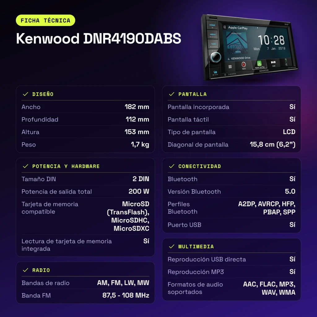 Auto-rádio Kenwood Preto CarPlay 6.2 polegadas DNR4190DABS - características