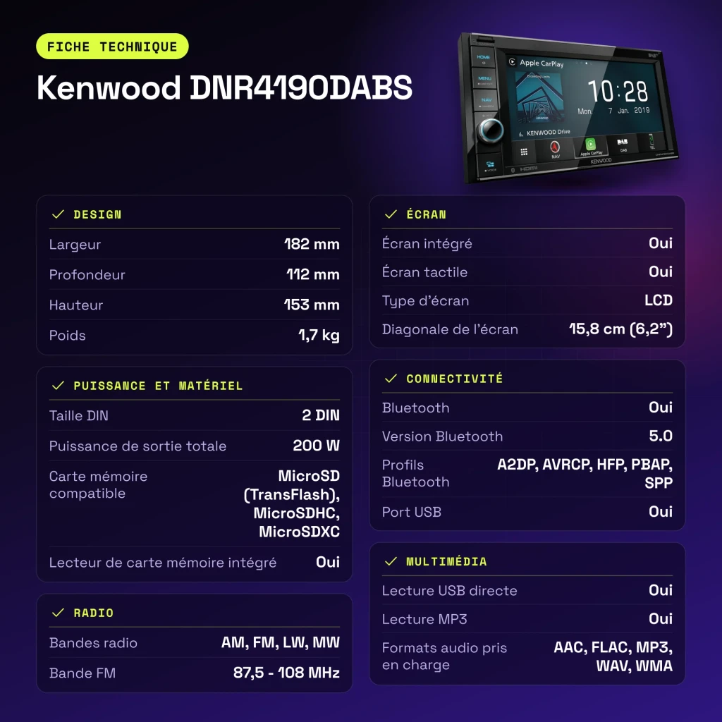 Auto-rádio Kenwood Preto CarPlay 6.2 polegadas DNR4190DABS - características