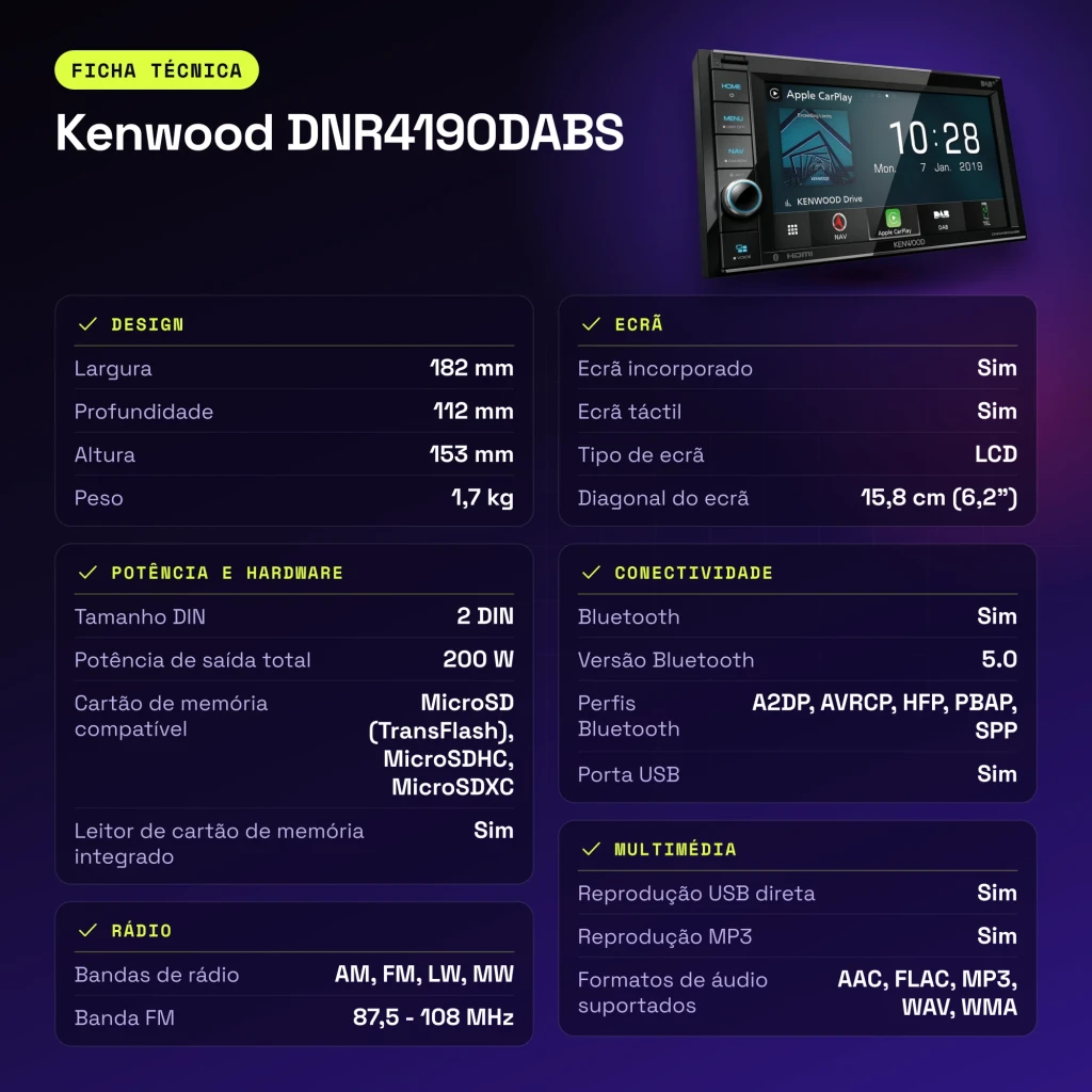 Auto-rádio Kenwood Preto CarPlay 6.2 polegadas DNR4190DABS - características
