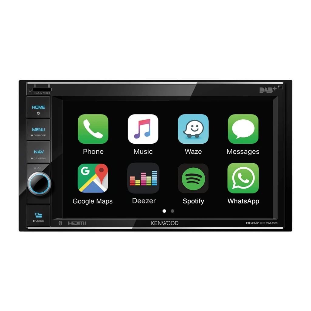 Auto-rádio Kenwood Preto CarPlay 6.2 polegadas DNR4190DABS, detalhe: ecrã com apps CarPlay Phone Music Waze Maps Spotify