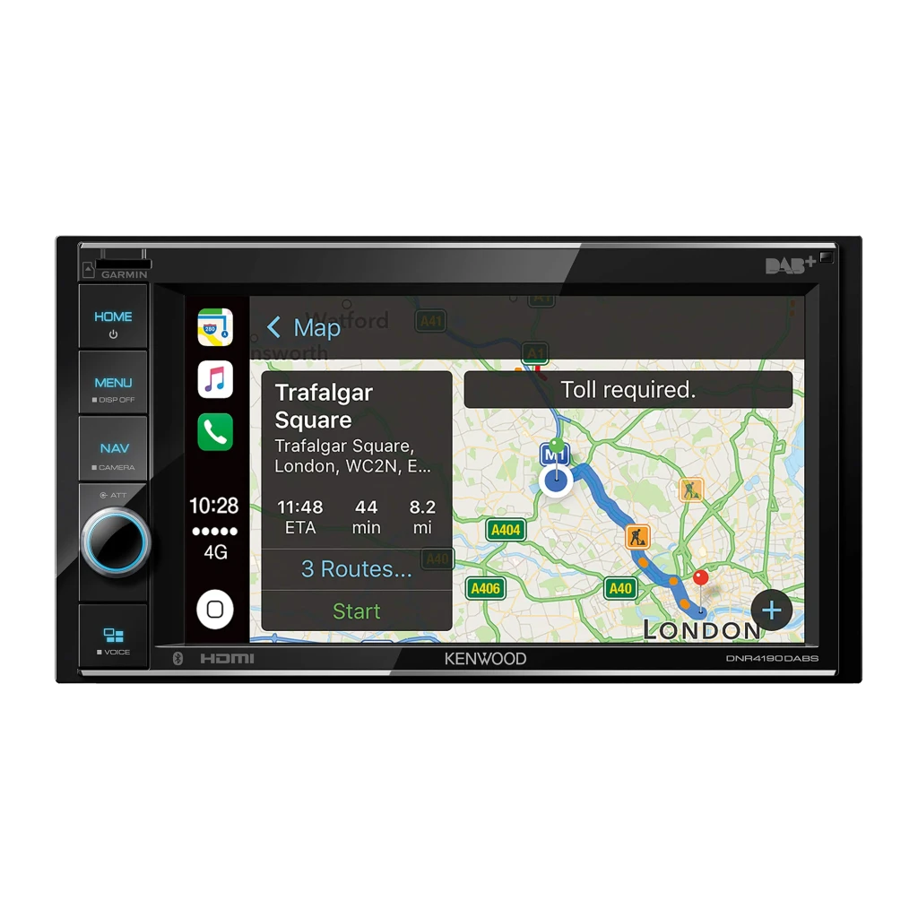 Auto-rádio Kenwood Preto CarPlay 6.2 polegadas DNR4190DABS, detalhe: ecrã com navegação CarPlay a mostrar mapa de Londres