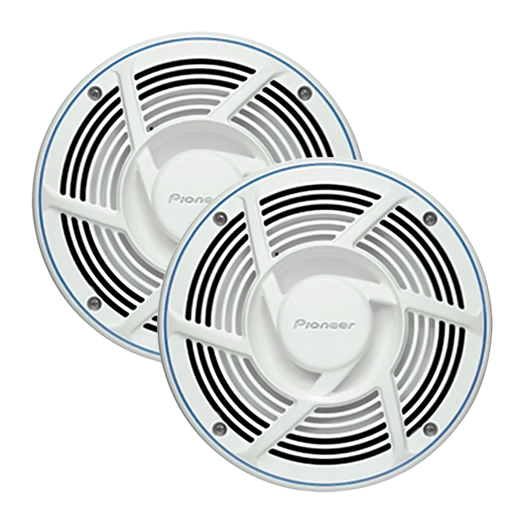 Altavoces marinos Pioneer 2 vías 40W RMS Blanco TS-MR2040, vista frontal: par de altavoces con rejilla blanca y aro azul