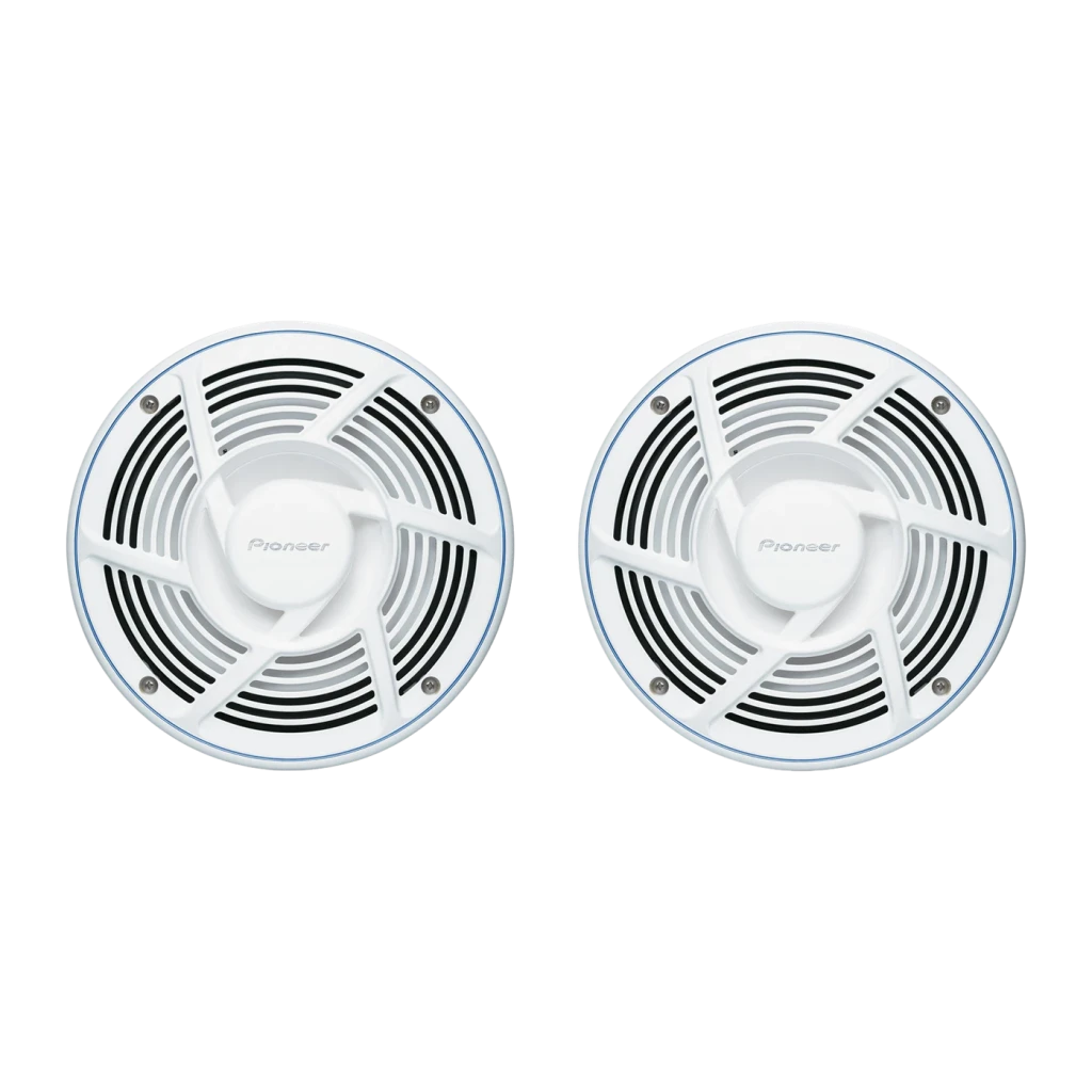 Altavoces marinos Pioneer 2 vías 40W RMS Blanco TS-MR2040, detalle: vista frontal del par, rejilla blanca con acento azul