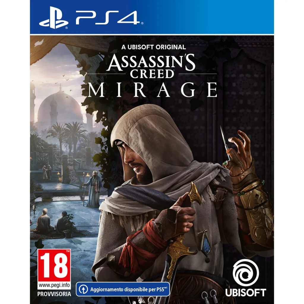 Videojogo Ubisoft Assassin's Creed Mirage Edição Standard Italiana PS4, vista frontal: capa com assassino encapuzado