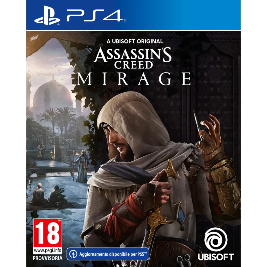 Videojogo Ubisoft Assassin's Creed Mirage Edição Standard Italiana PS4, vista frontal: capa com assassino encapuzado