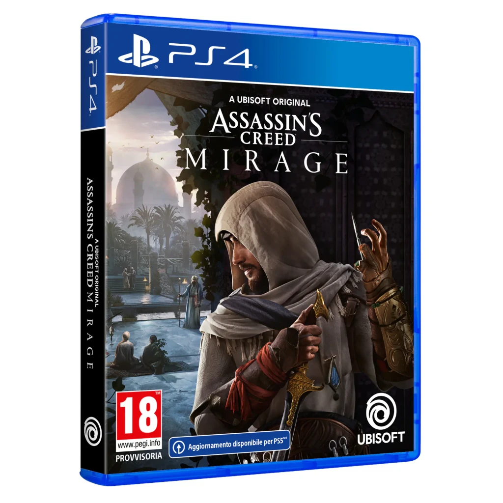 Videojogo Ubisoft Assassin's Creed Mirage Edição Standard Italiana PS4, detalhe: caixa em ângulo com capa do assassino