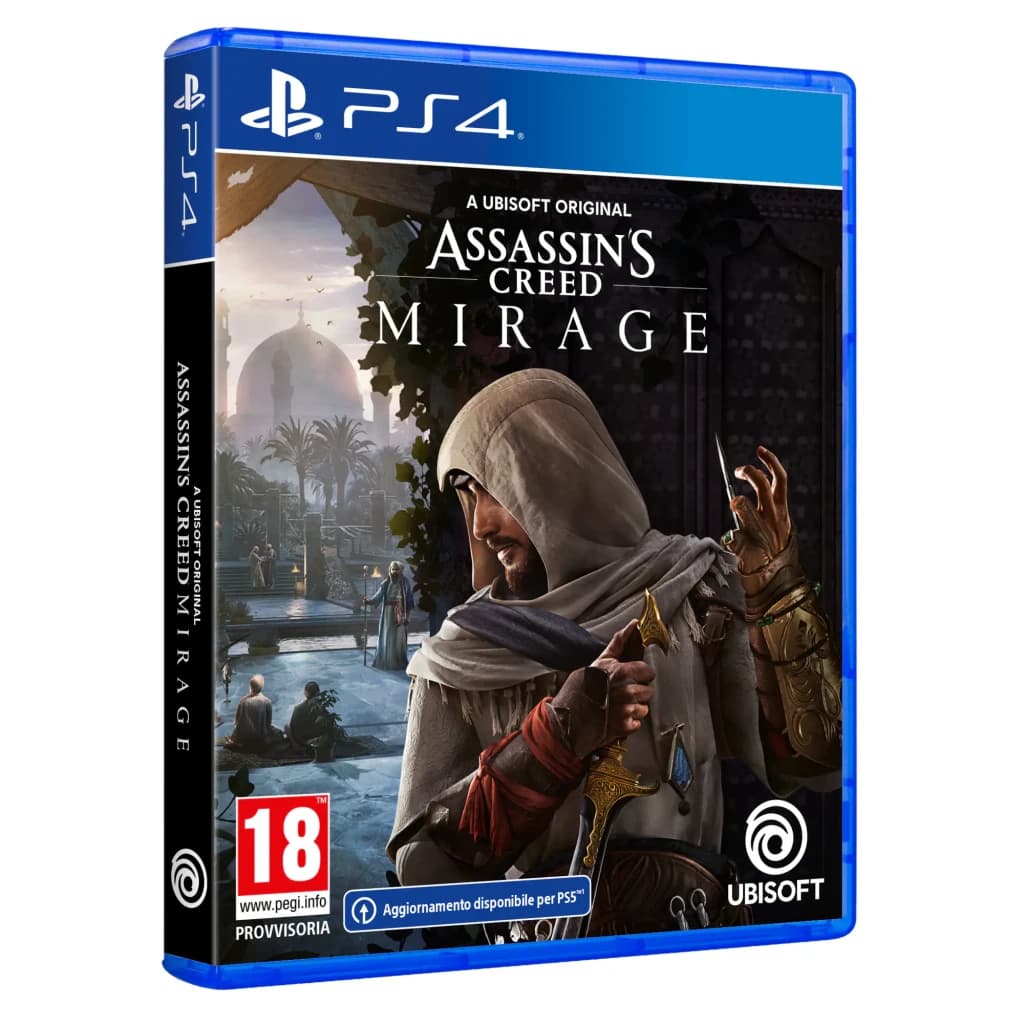 Videojogo Ubisoft Assassin's Creed Mirage Edição Standard Italiana PS4, detalhe: caixa em ângulo com capa do assassino