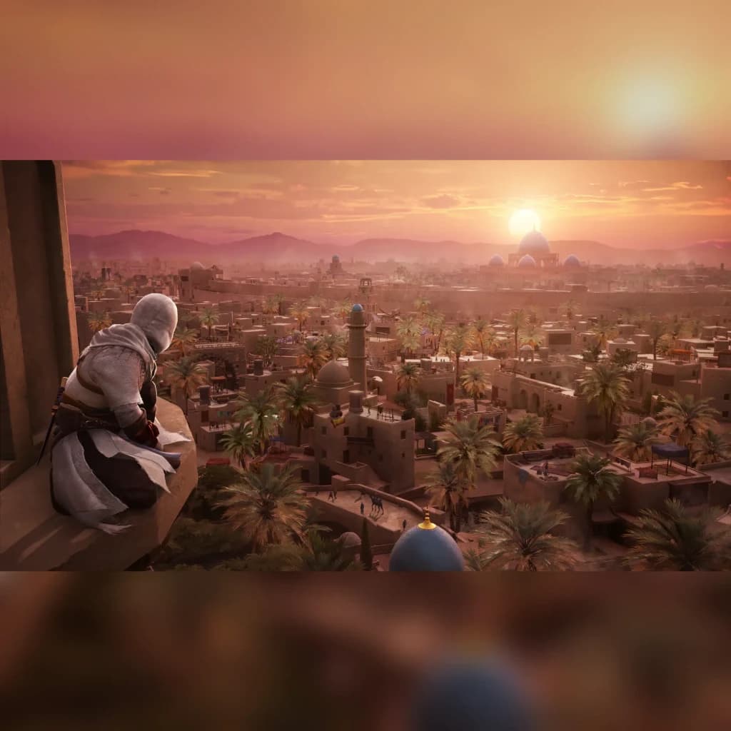 Videojogo Ubisoft Assassin's Creed Mirage Edição Standard Italiana PS4, em uso: assassino em saliência observa Bagdade ao