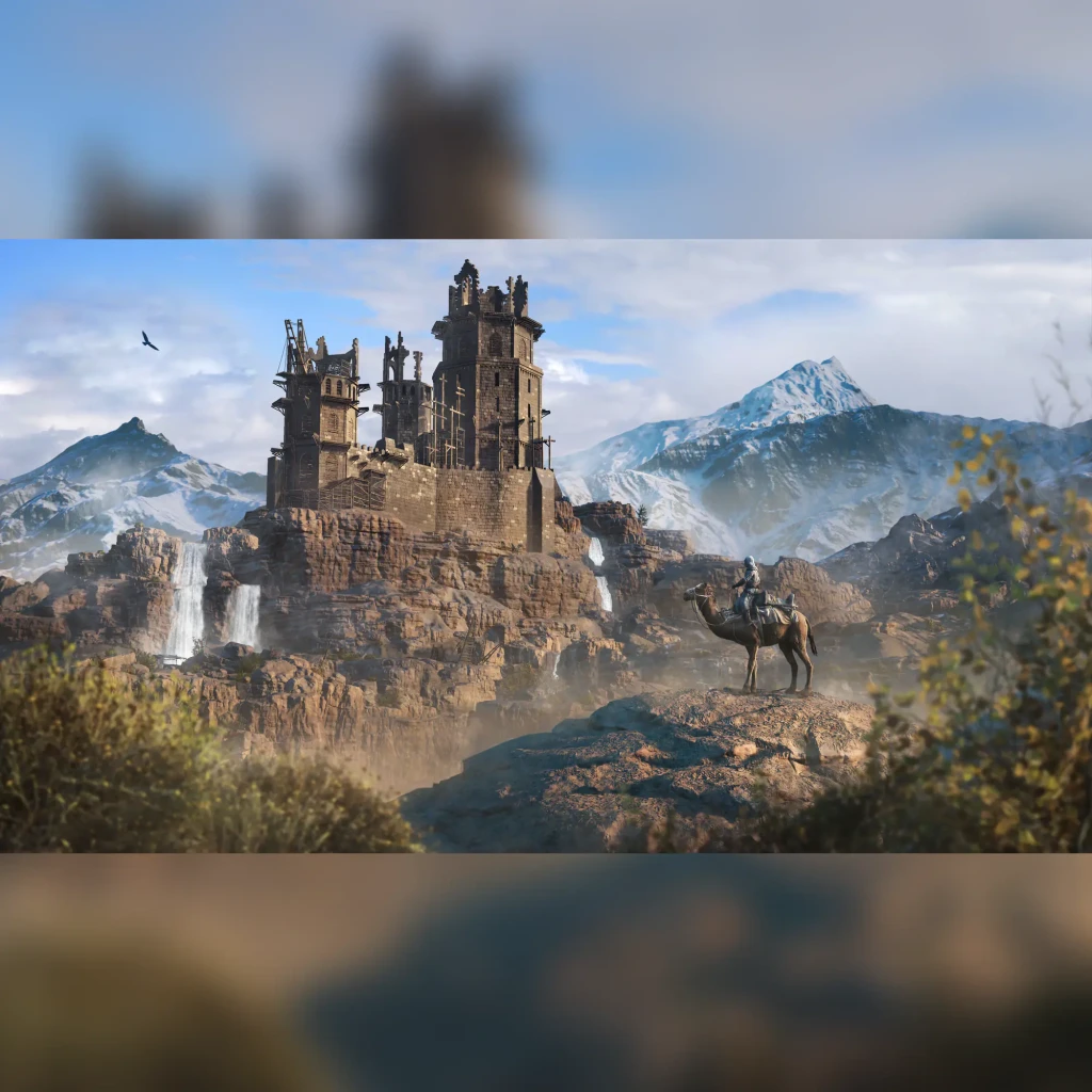Videojogo Ubisoft Assassin's Creed Mirage Edição Standard Italiana PS4, em uso: cavaleiro em camelo ante fortaleza rochosa