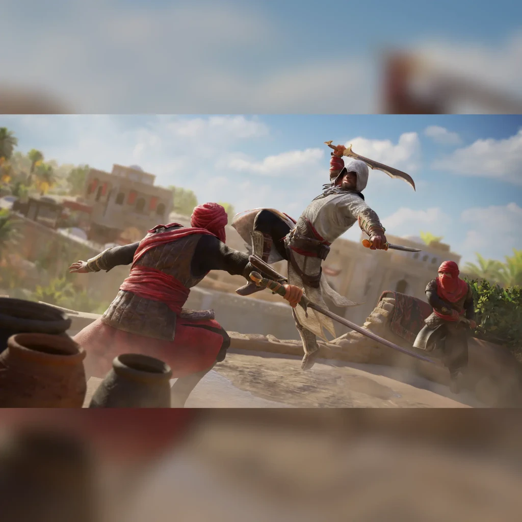 Videojogo Ubisoft Assassin's Creed Mirage Edição Standard Italiana PS4, em uso: Basim salta sobre dois inimigos com espadas