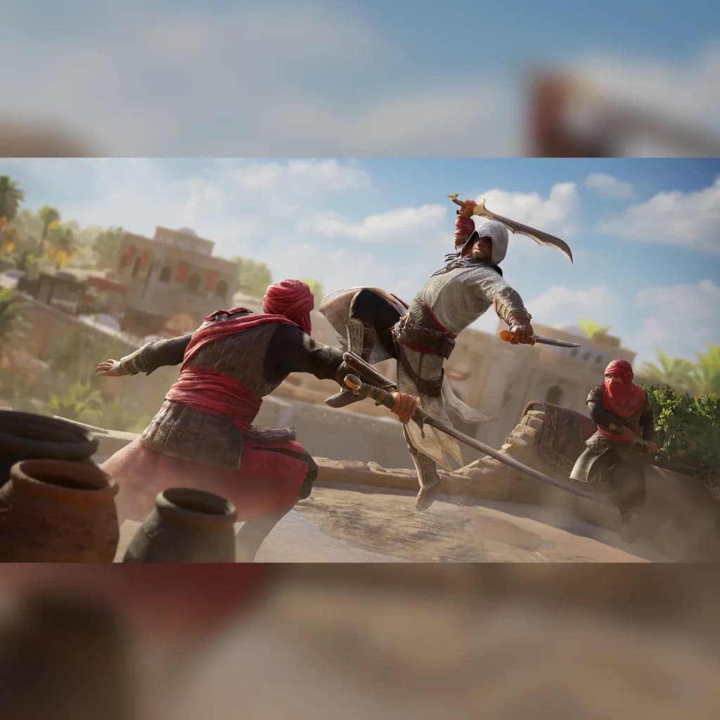 Videojogo Ubisoft Assassin's Creed Mirage Edição Standard Italiana PS4, em uso: Basim salta sobre dois inimigos com espadas