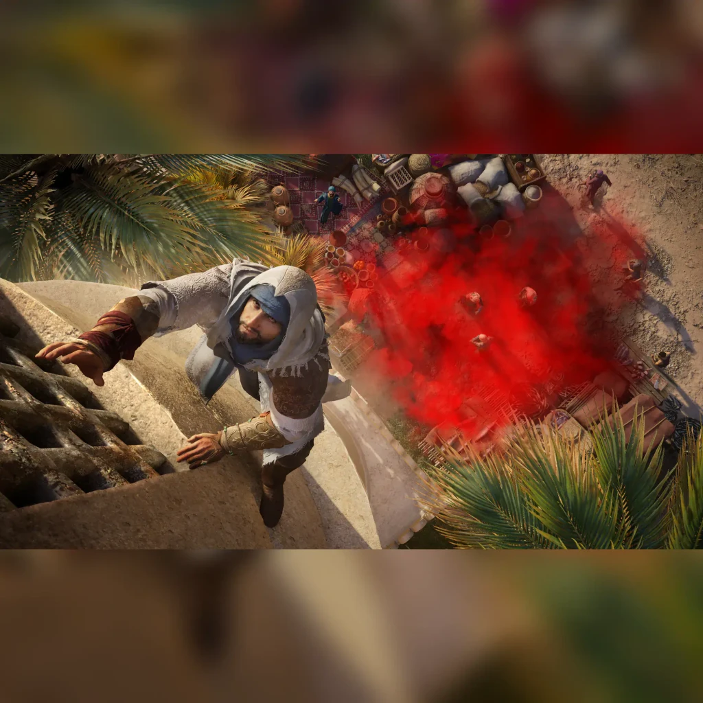 Videojogo Ubisoft Assassin's Creed Mirage Edição Standard Italiana PS4, em uso: assassino a escalar muro com bomba de fumo