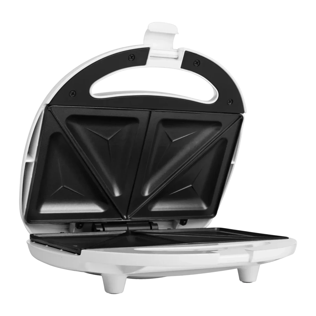 Sandwichera TriStar 750W 2 sándwiches Blanco SA-3052, detalle: placas antiadherentes triangulares negras con tapa abierta