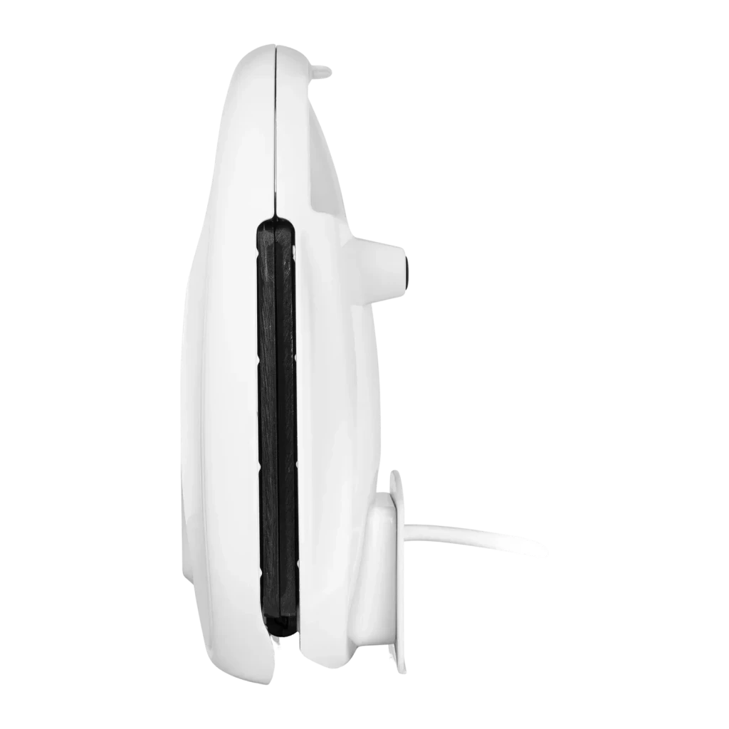 Sandwichera TriStar 750W 2 sándwiches Blanco SA-3052, detalle lateral: bisagra, placas negras y asa