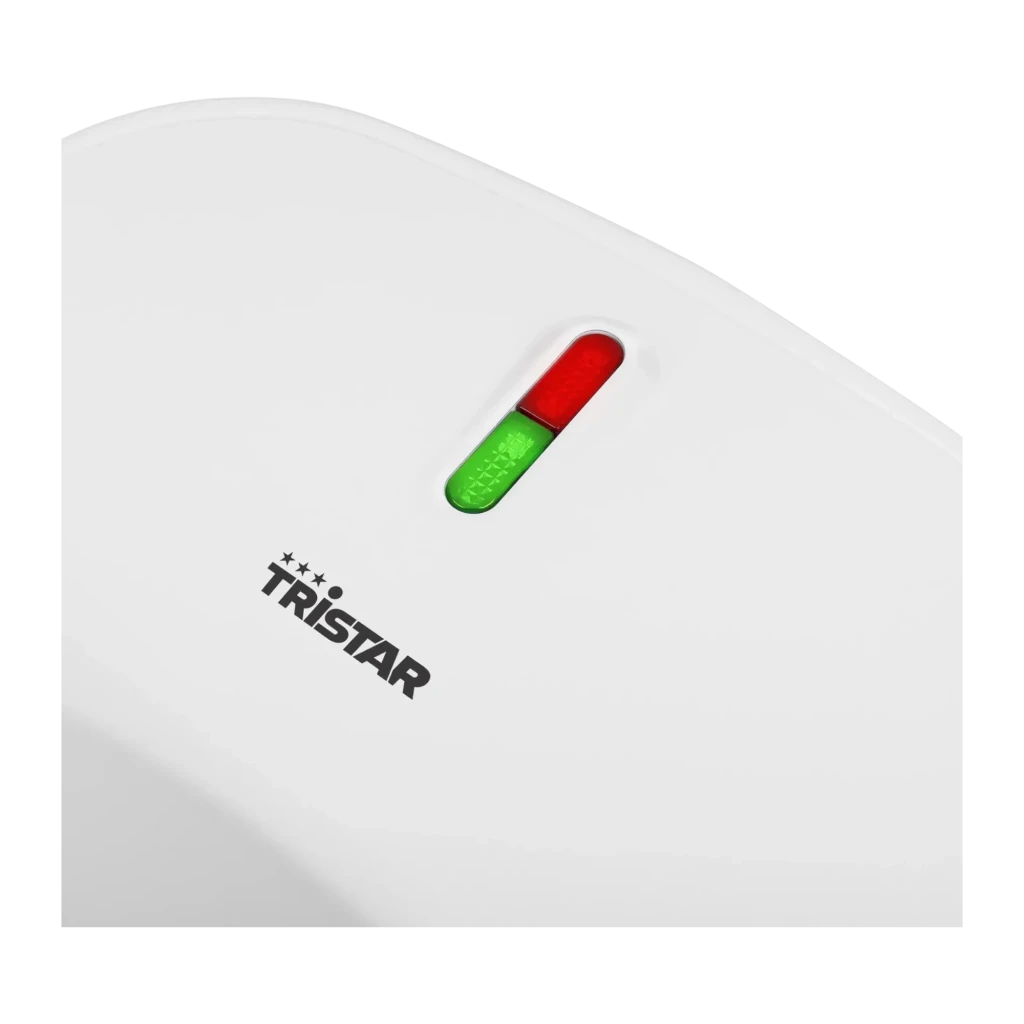 Sandwichera TriStar 750W 2 sándwiches Blanco SA-3052, detalle: indicadores LED rojo y verde sobre tapa blanca con logo