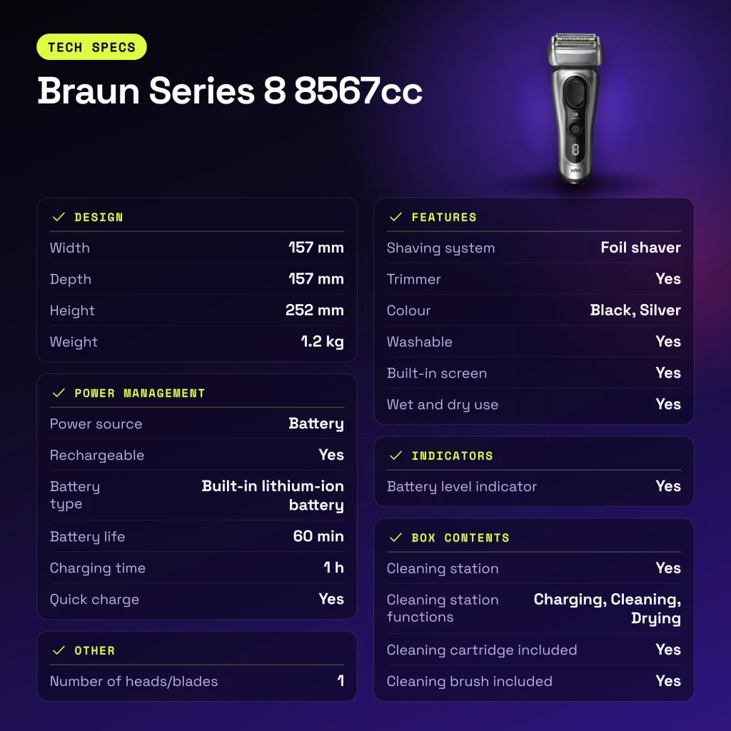 Máquina de Barbear Braun Series 8 Lâminas Seco e Molhado Preto 8567cc - características