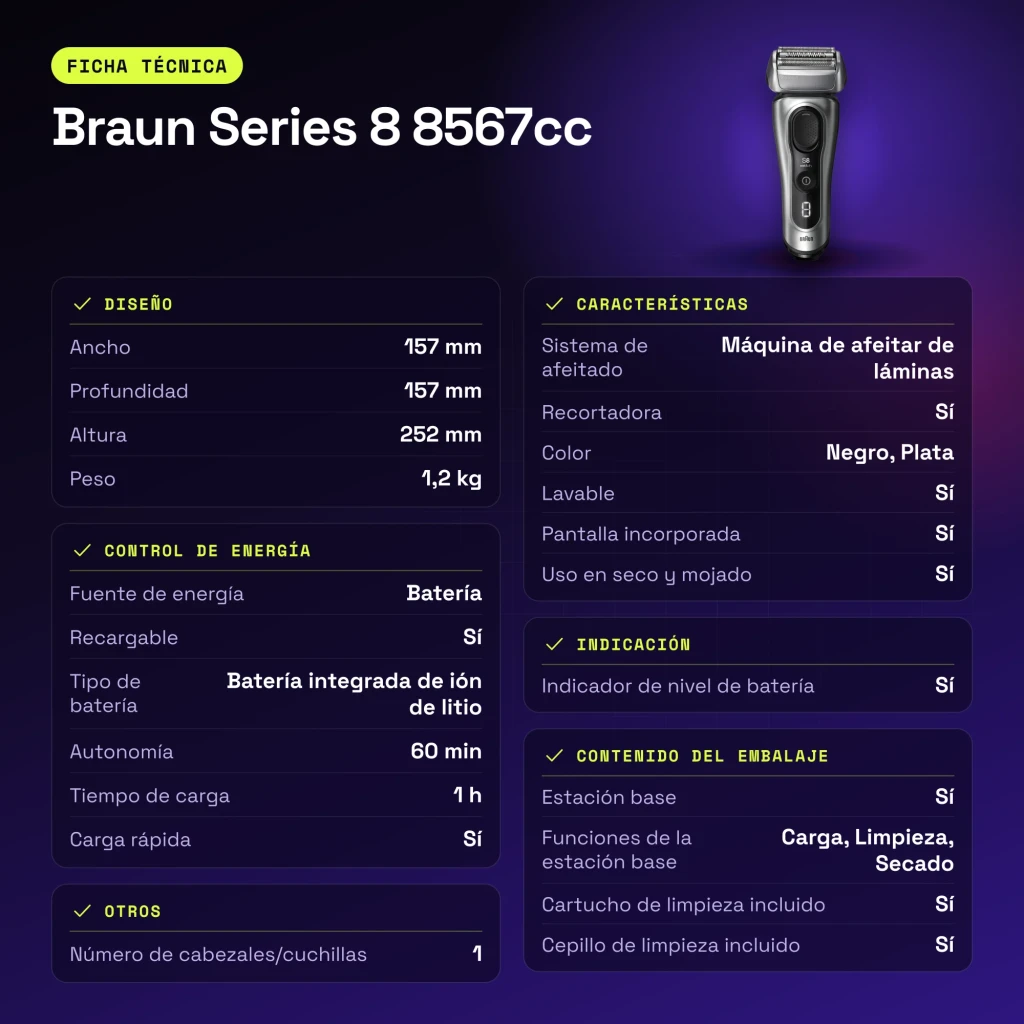 Máquina de Barbear Braun Series 8 Lâminas Seco e Molhado Preto 8567cc - características