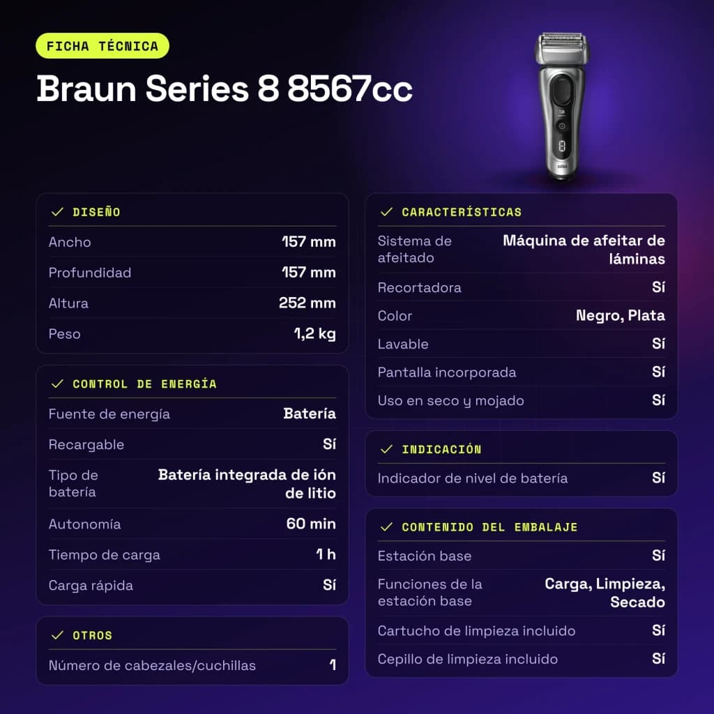 Máquina de Barbear Braun Series 8 Lâminas Seco e Molhado Preto 8567cc - características