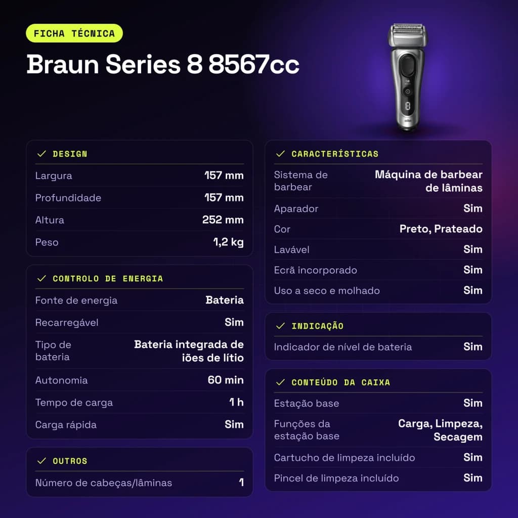 Máquina de Barbear Braun Series 8 Lâminas Seco e Molhado Preto 8567cc - características