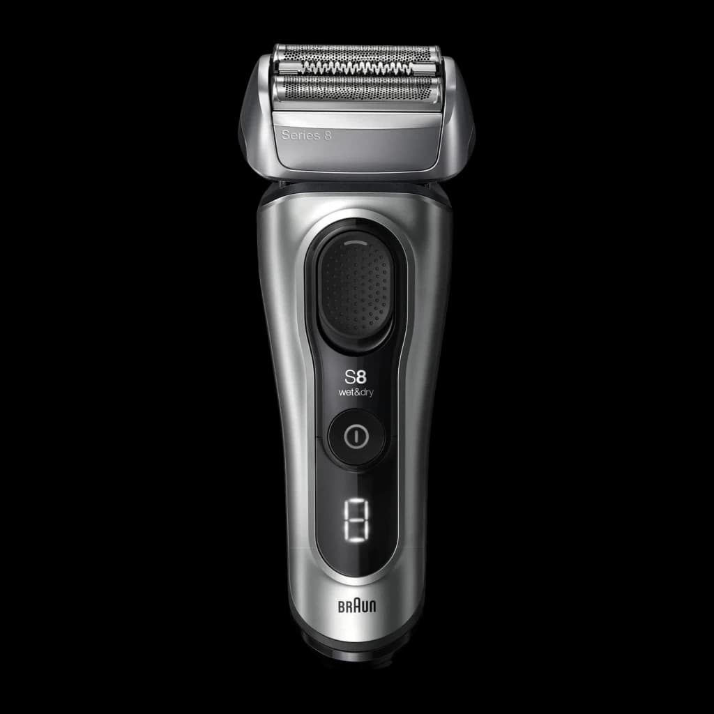 Máquina de Barbear Braun Series 8 Lâminas Seco e Molhado Preto 8567cc, vista frontal: cabeçote de lâminas prateado, painel