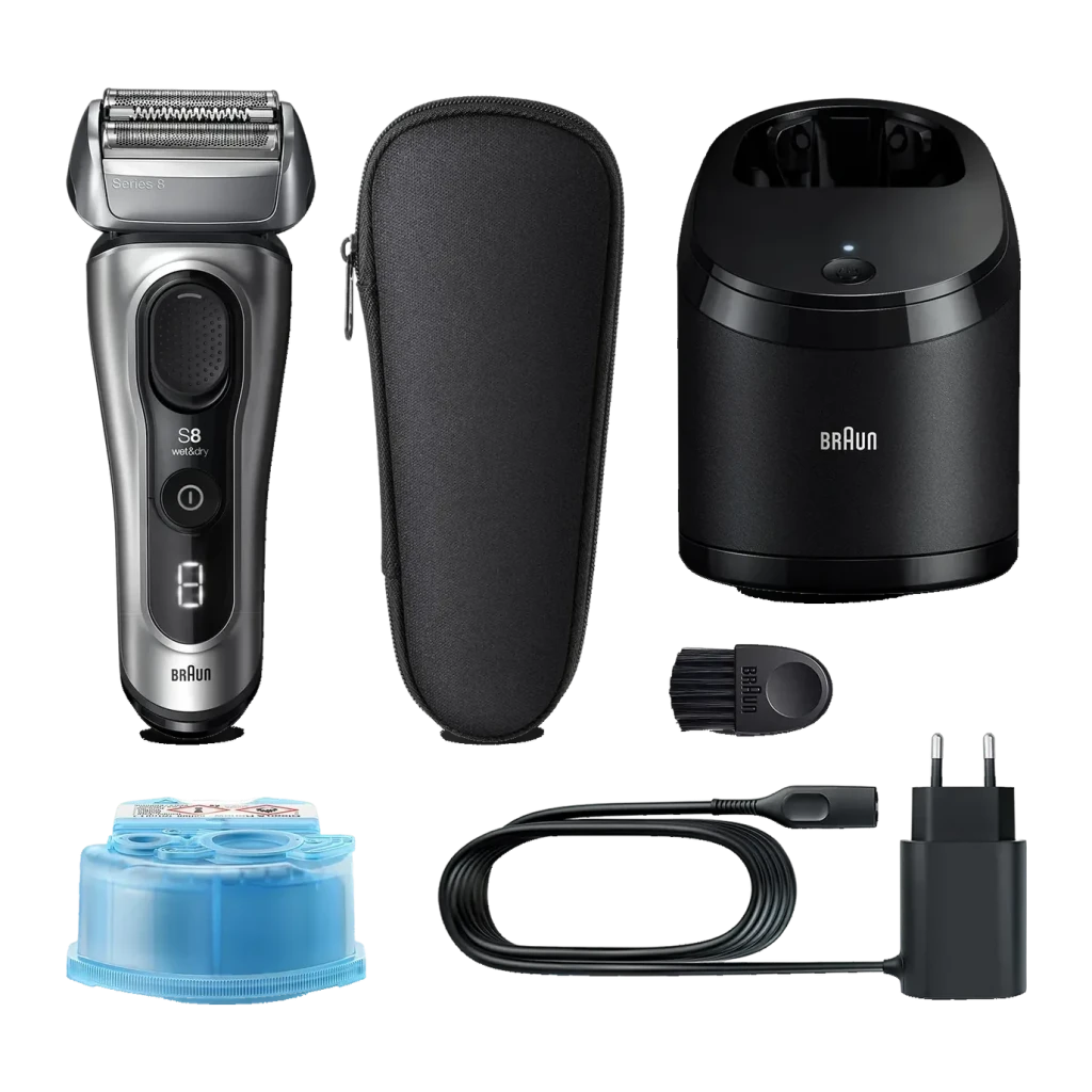 Máquina de Barbear Braun Series 8 Lâminas Seco e Molhado Preto 8567cc, detalhe: conteúdo da caixa com máquina, base