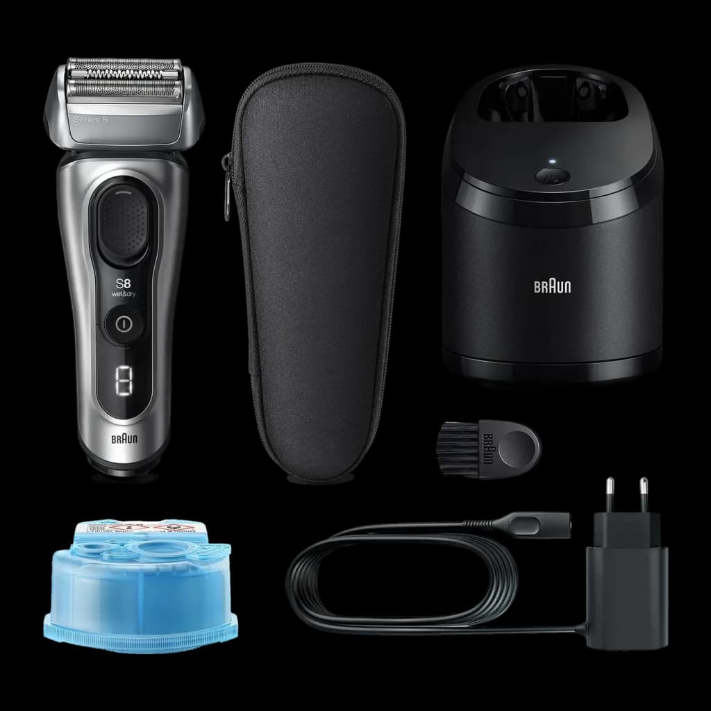 Máquina de Barbear Braun Series 8 Lâminas Seco e Molhado Preto 8567cc, detalhe: conteúdo da caixa com máquina, base