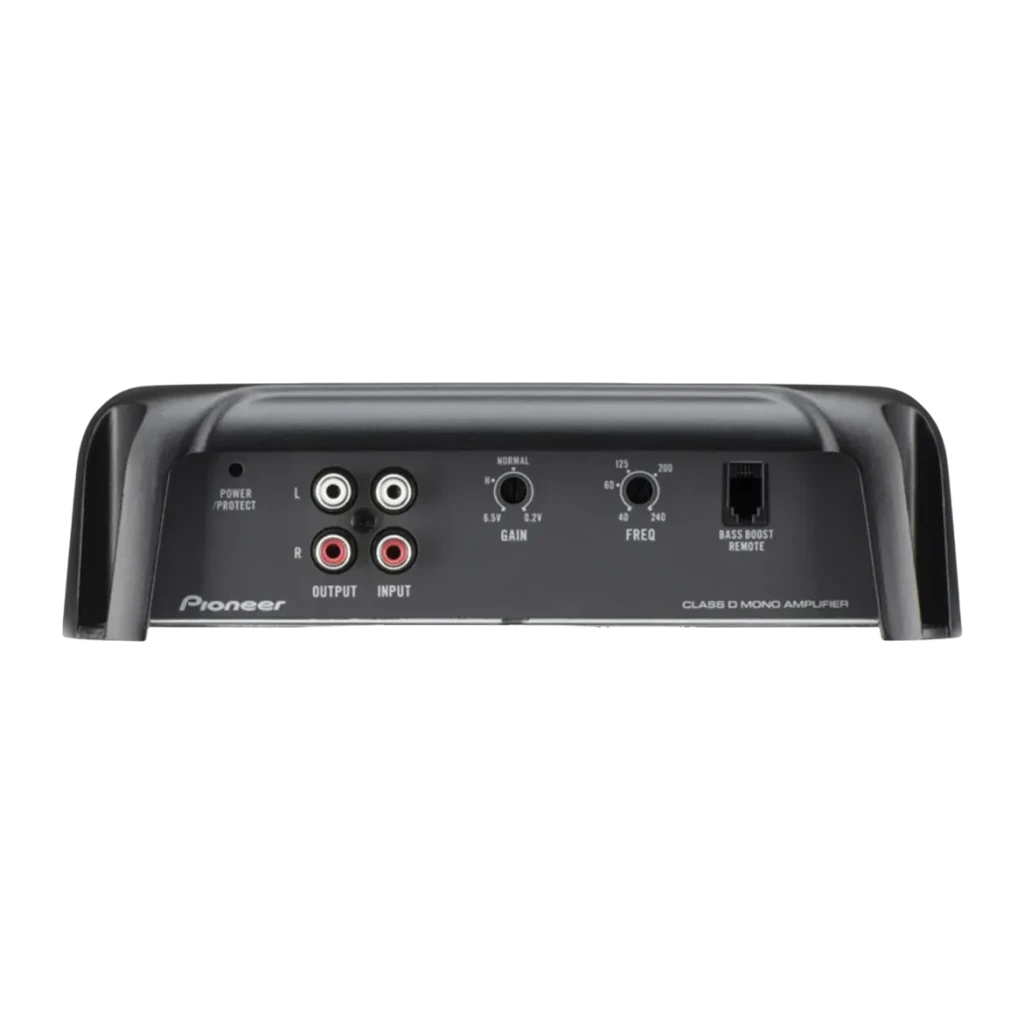 Amplificateur voiture Pioneer 1 Canal Monoblock 2400W Classe D Noir GM-D9701, vue arrière: connecteurs RCA, réglages GAIN