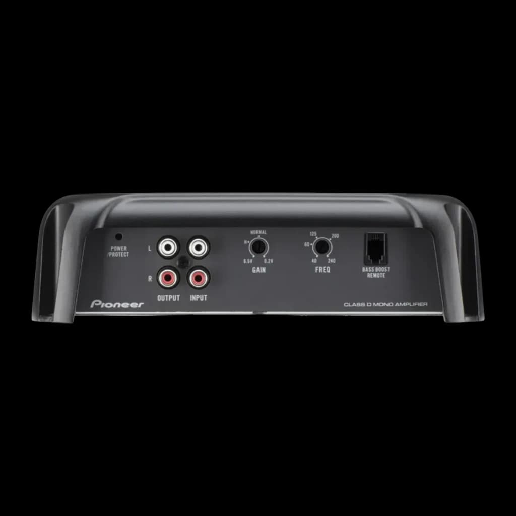 Amplificateur voiture Pioneer 1 Canal Monoblock 2400W Classe D Noir GM-D9701, vue arrière: connecteurs RCA, réglages GAIN