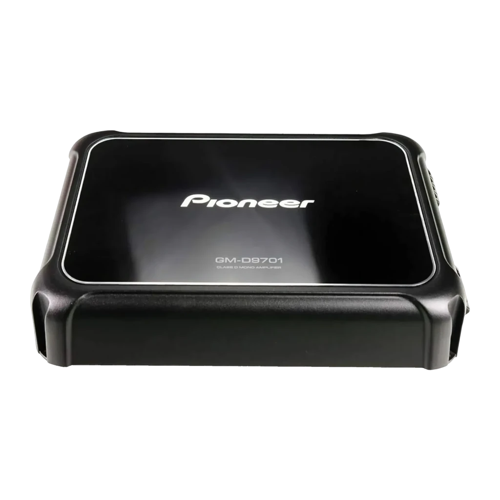 Amplificateur voiture Pioneer 1 Canal Monoblock 2400W Classe D Noir GM-D9701, détail: dessus brillant avec logo Pioneer