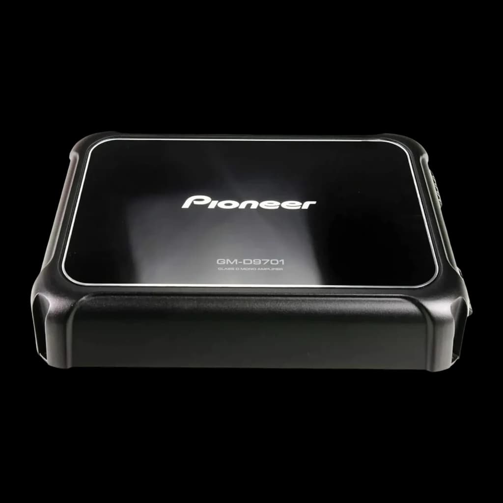 Amplificateur voiture Pioneer 1 Canal Monoblock 2400W Classe D Noir GM-D9701, détail: dessus brillant avec logo Pioneer