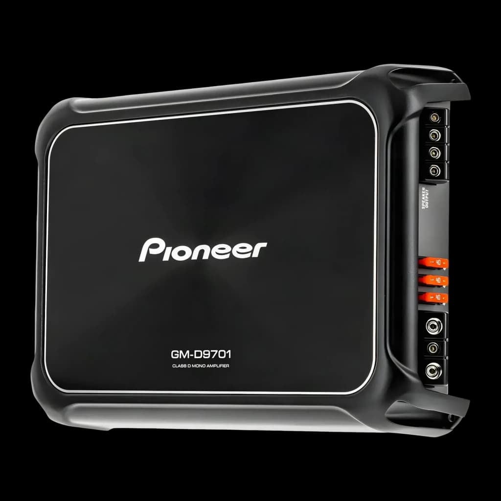 Amplificateur voiture Pioneer 1 Canal Monoblock 2400W Classe D Noir GM-D9701, détail: vue en angle avec logo, modèle