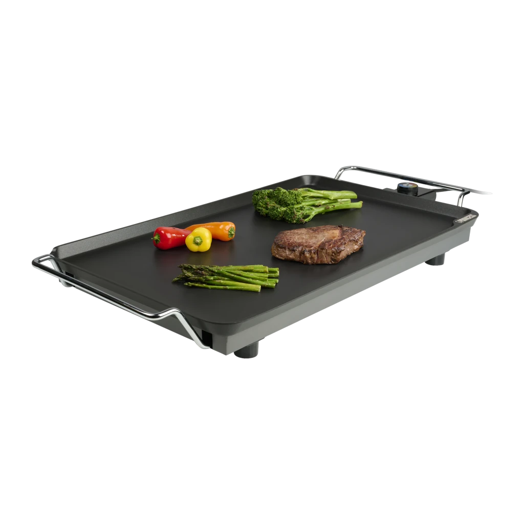 Plancha de asar Princess Table Chef XXL 2500W 600x360mm Negro 102325, detalle: superficie antiadherente con filete, brócoli