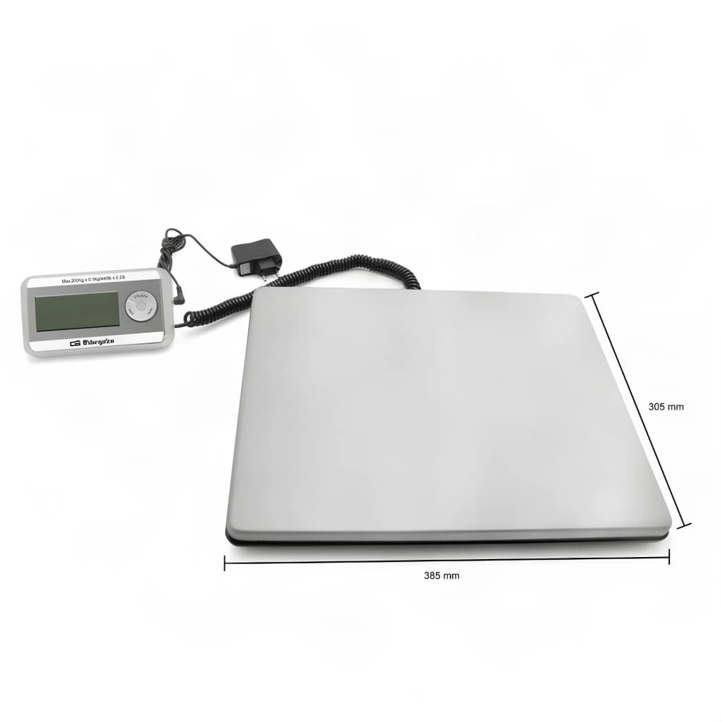 Balance de cuisine Orbegozo PC 5500 200 kg Argent, vue de côté avec cotes: plateau 385x305mm et afficheur LCD externe