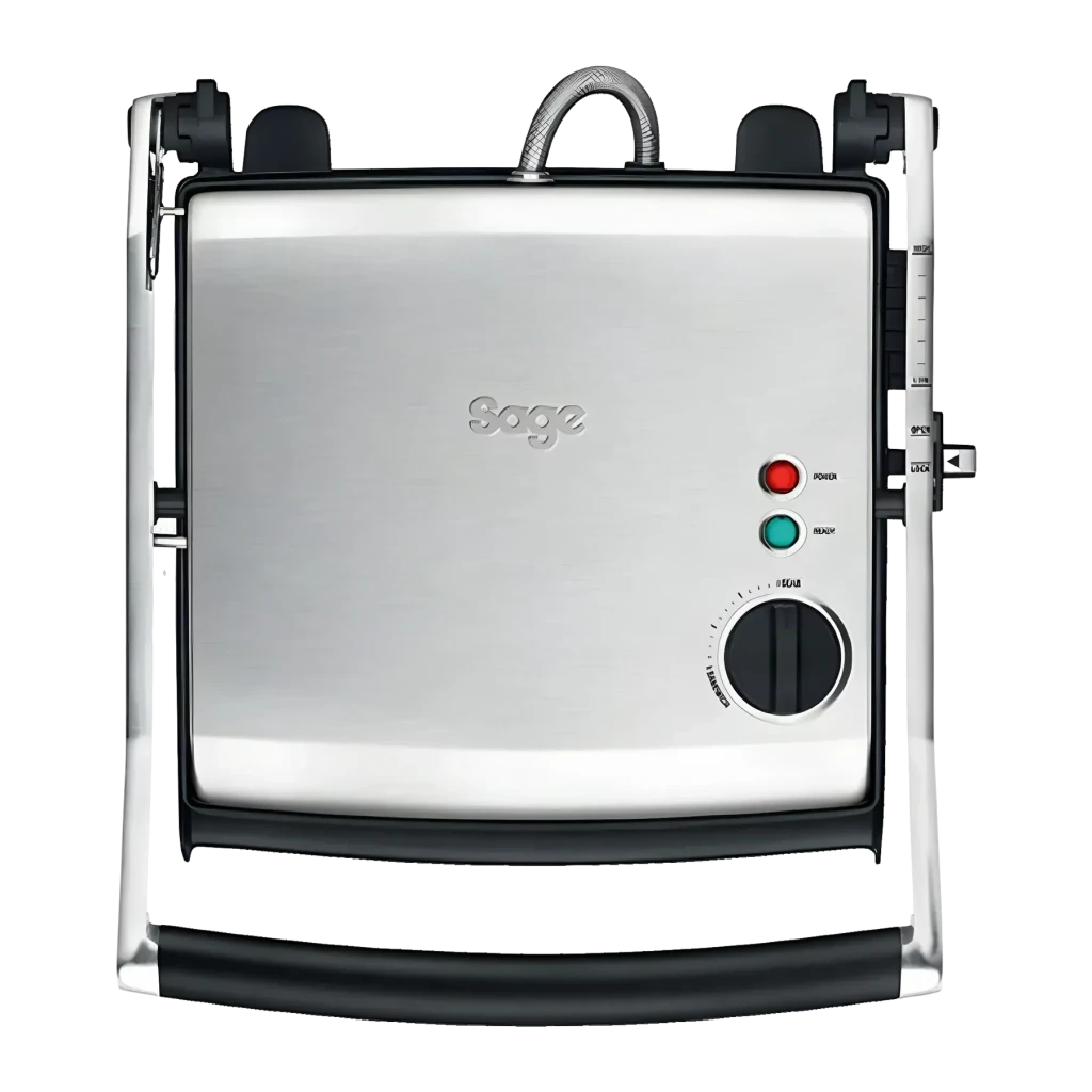 Parrilla de contacto Sage The Adjusta Grill 2200W Acero Inoxidable BGR200BSS, detalle frontal: indicadores LED rojo y verde
