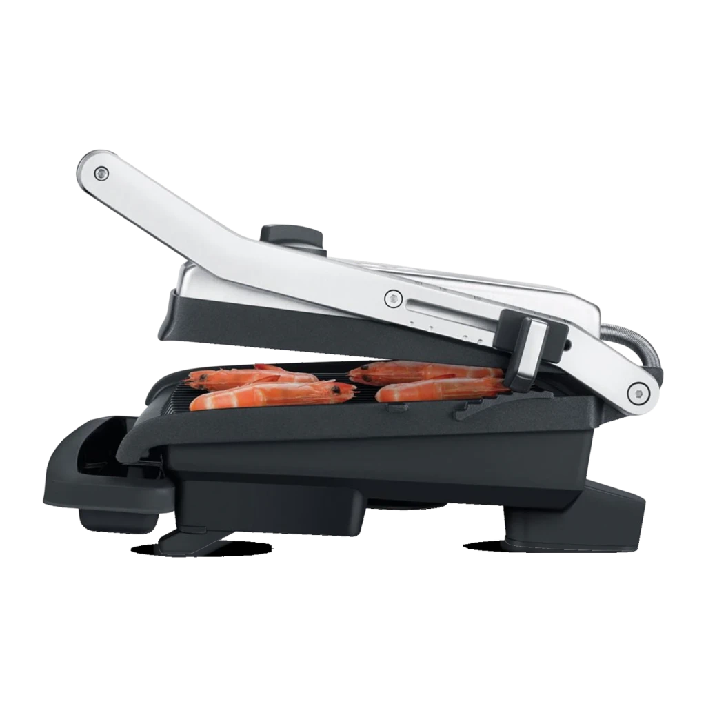Parrilla de contacto Sage The Adjusta Grill 2200W Acero Inoxidable BGR200BSS, detalle lateral: gambas en la placa inferior