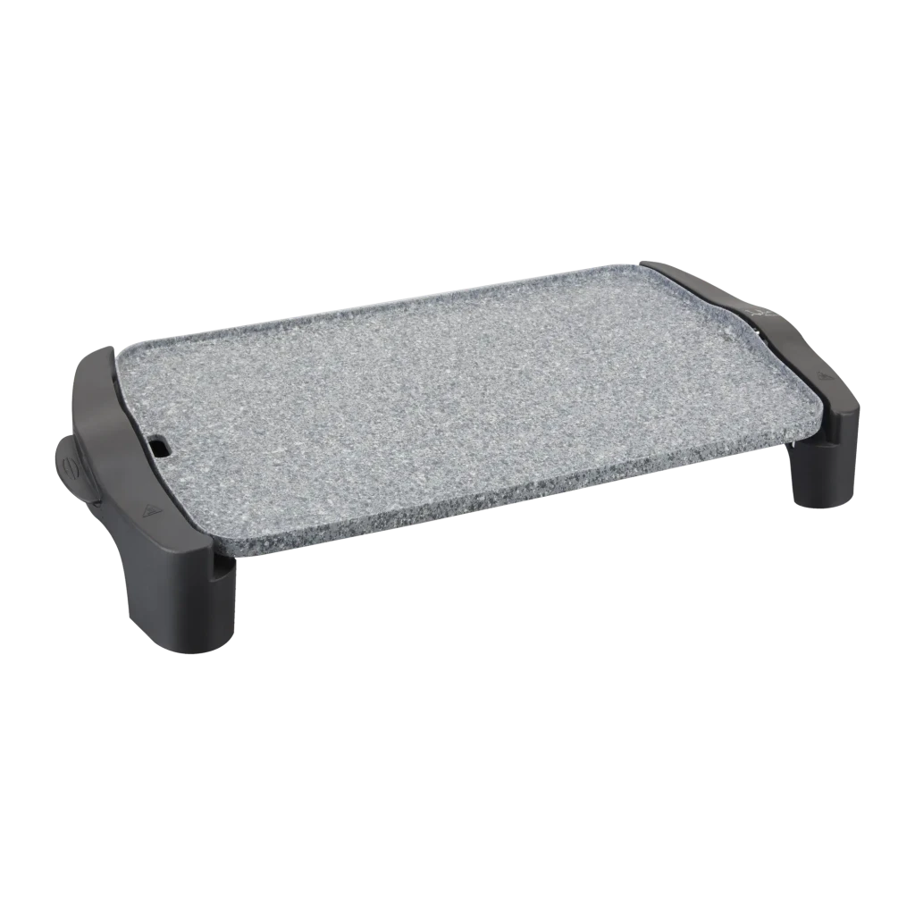 Plancha de asar JATA GR558 2500W Negro/Gris, vista frontal: superficie de piedra gris granito y patas negras elevadas